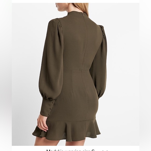 Express Olive Green Mock Neck Ruffle Mini Dress - Picture 4 of 5